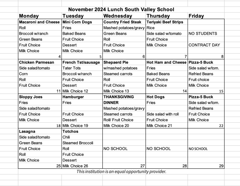 Lunch menu Nov 24